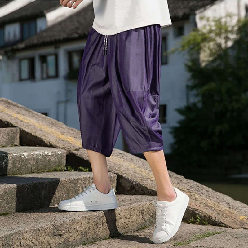 Buddha Stones Summer Elastic Waist Drawstring Solid Color Half Men's Tapered Pants With Pockets