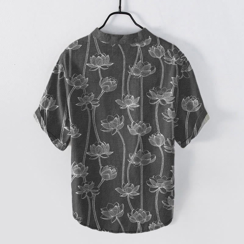 Buddha Stones Cotton Harmonious Lotus Pattern Men's Short Sleeve Half Button Shirt