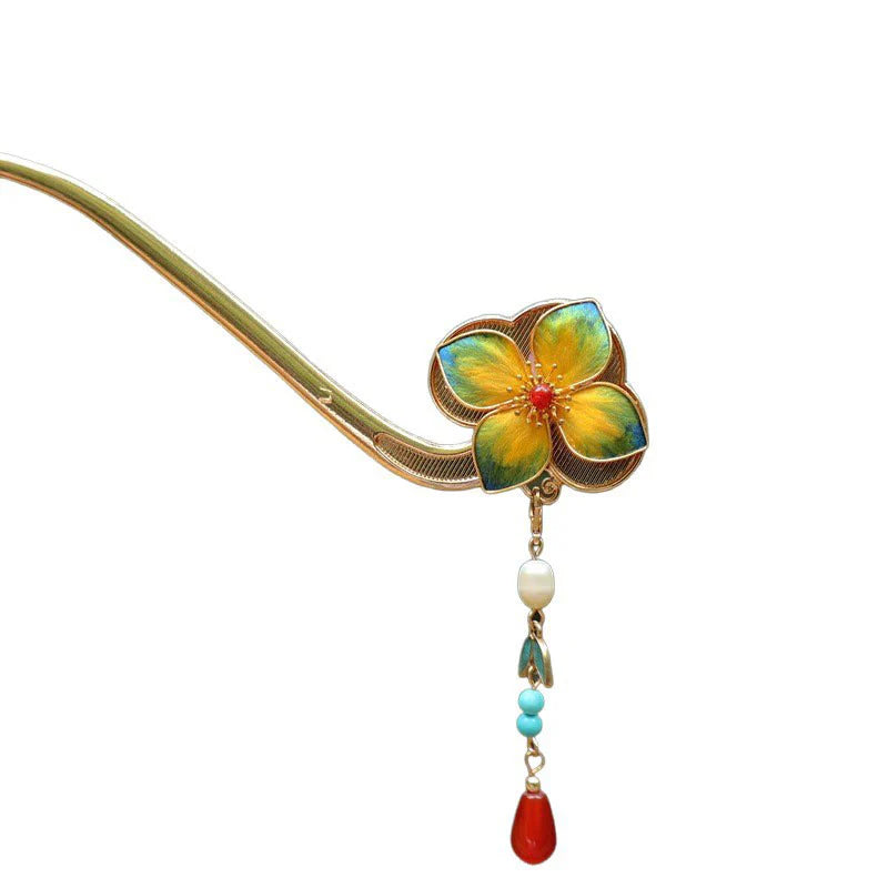 Buddha Stones Red Agate Turquoise Bead Calm Confidence Velvet Flower Tassel Hairpin