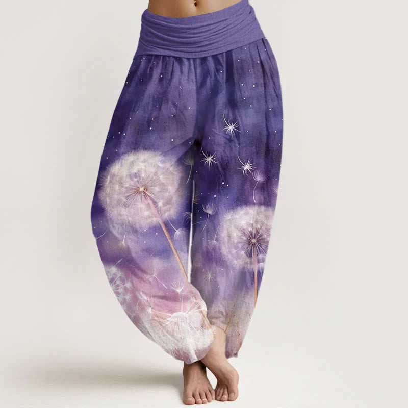 Buddha Stones Cotton Casual Dandelion Pattern Women's Elastic Waist Harem Pants
