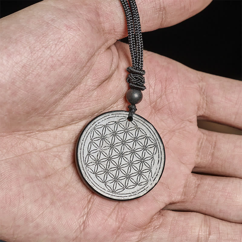 Buddha Stones Flower of Life Carving Design Authentic Shungite Stone Protection Necklace Pendant