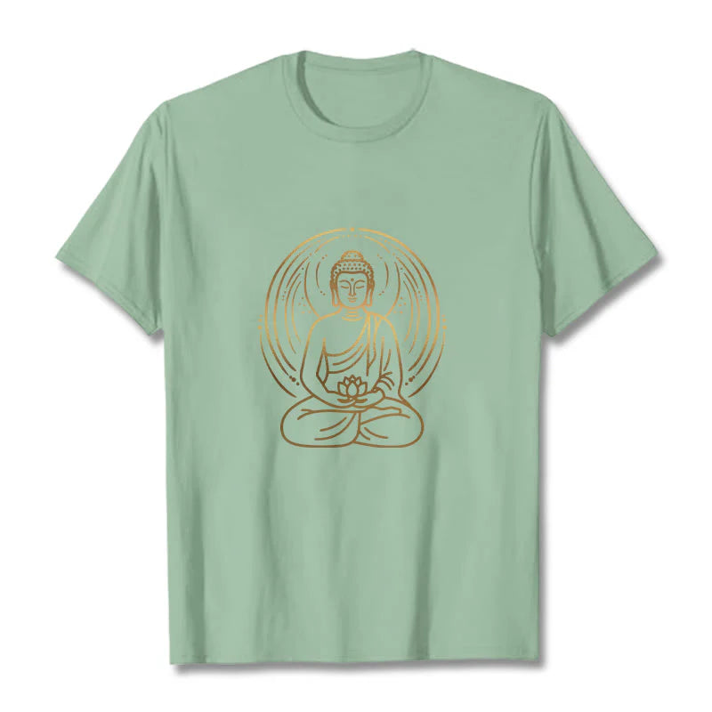 Buddha Stones Golden Meditation Buddha Halo Holding A Lotus Flower Tee T-shirt