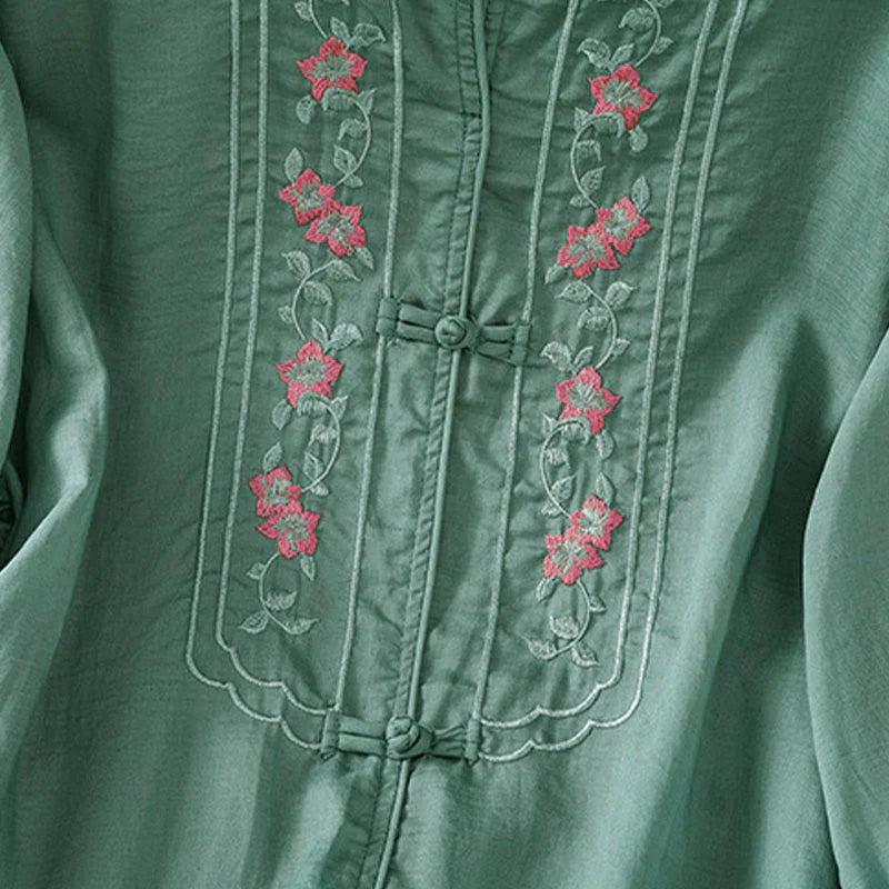 Buddha Stones Frog-button Stand Collar Embroidered Flower Elastic Cuff Three Quarter Sleeve Women's Shirt