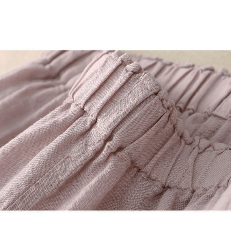 Buddha Stones Spring Elastic Waist Lace Pleated Hem Cotton Women's Pants With Pockets