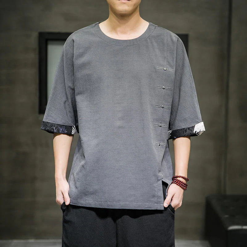 Buddha Stones Summer Retro Solid Color Patchwork Design Men's Three Quarter Sleeve Cotton Linen T-Shirt