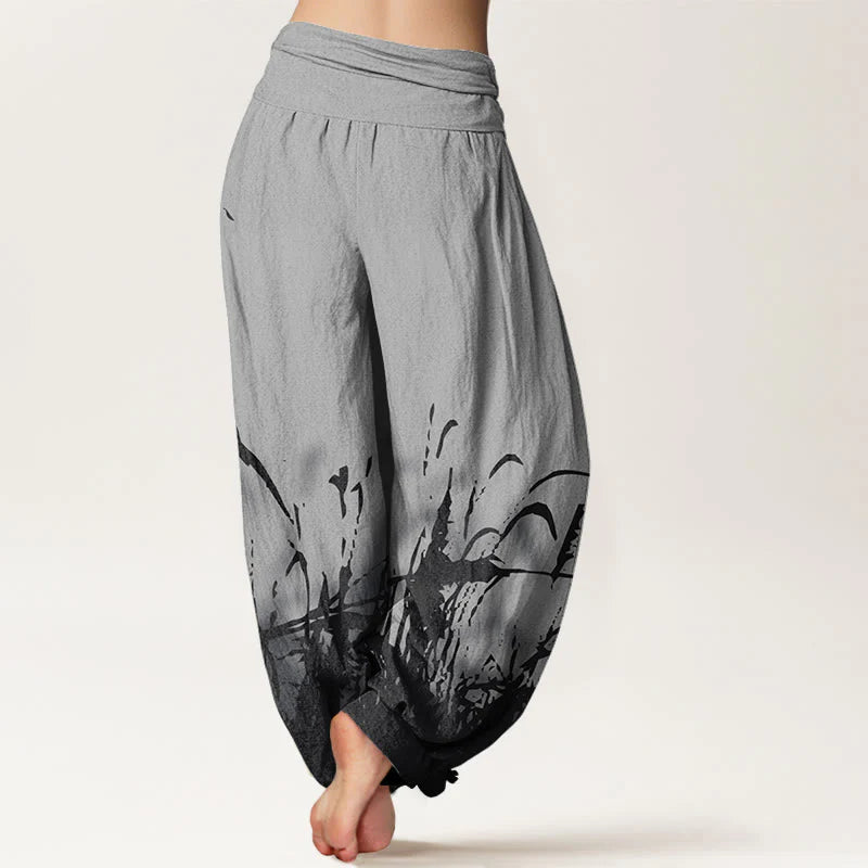 Buddha Stones Cotton Wild Grass Pattern Women's Elastic Waist Harem Pants