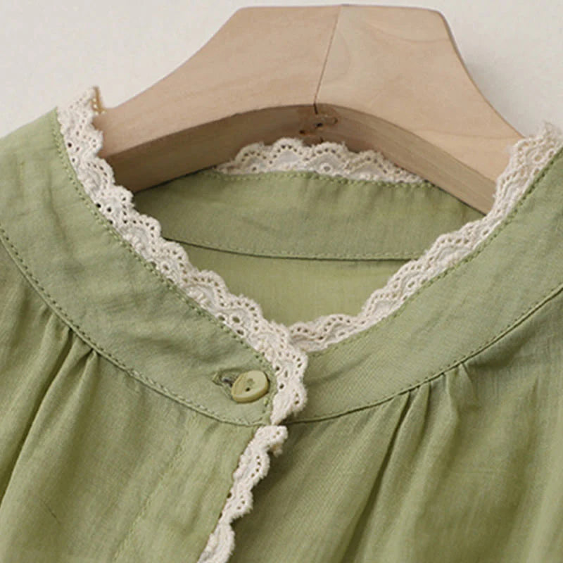 Buddha Stones Pure Color Lace Design Long Lantern Sleeve Women's Cotton Linen Shirt