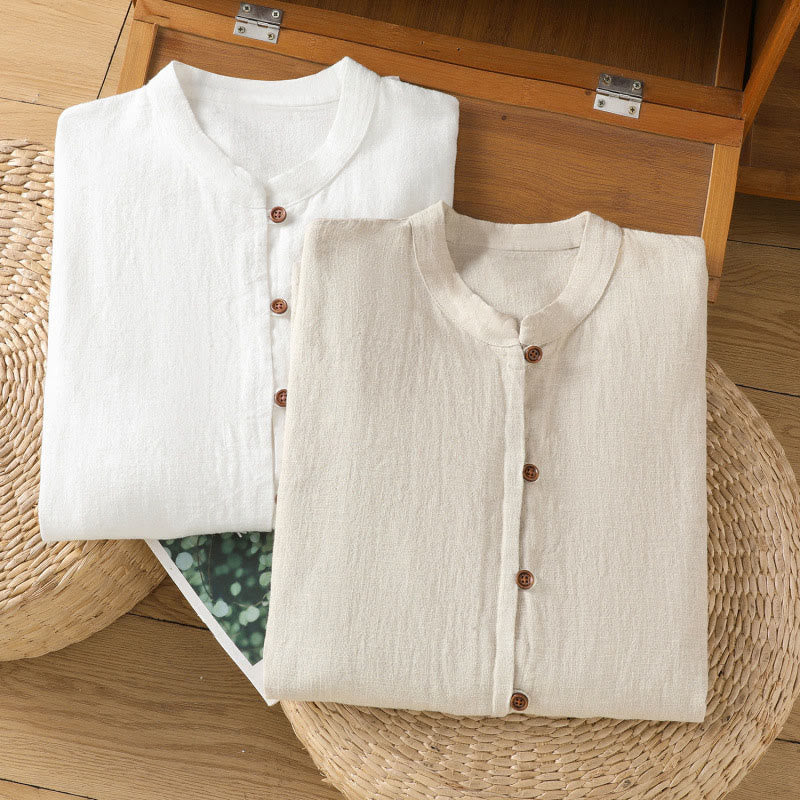 Buddha Stones Spring Solid Color Simple Hem Slit Design Cotton Linen Women's Shirt