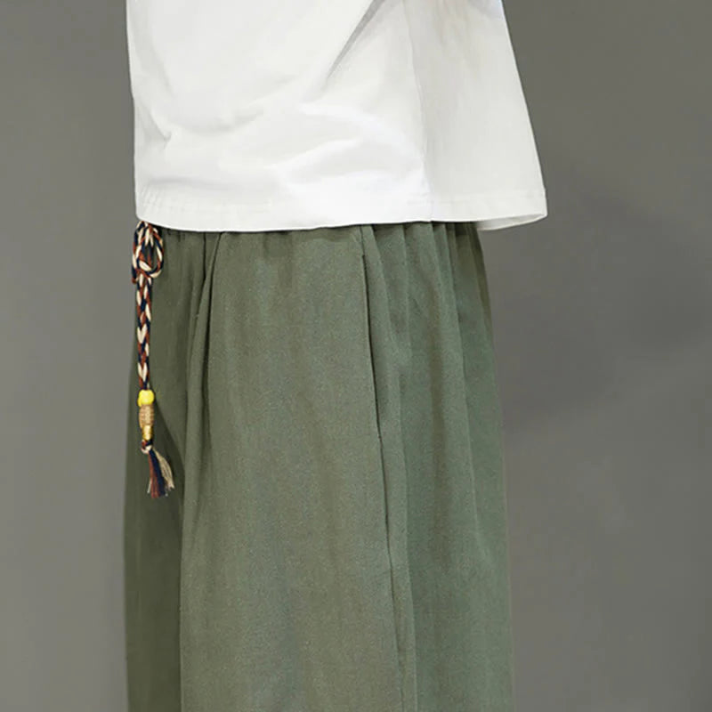 Buddha Stones Casual Plain Side Button Design Drawstring Men's Cotton Cropped Pants With Pockets