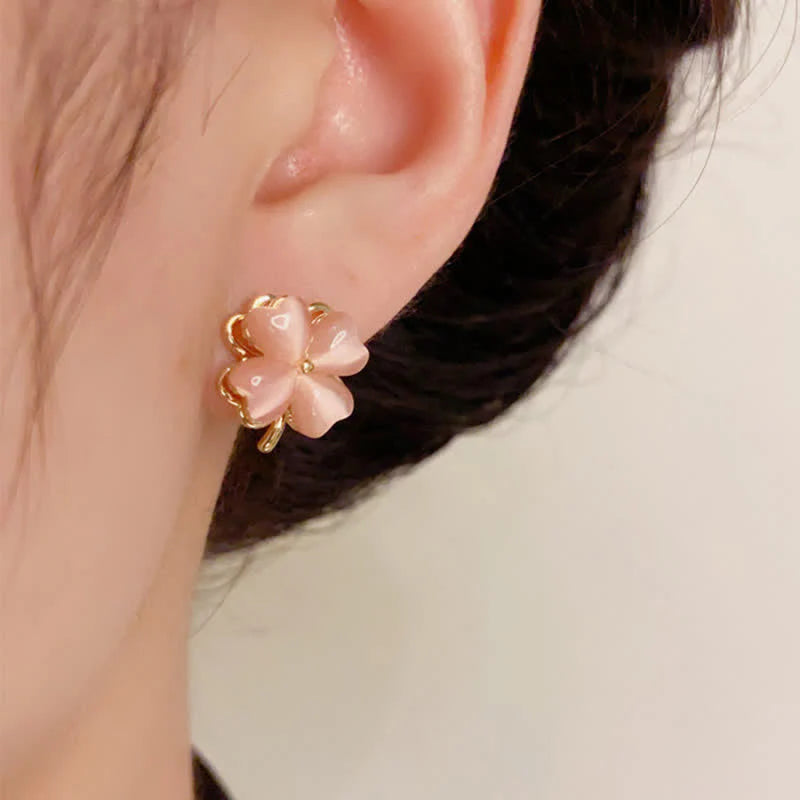 Buddha Stones Rotatable Design Four-Leaf Flower Pink Cat's Eye Support Stud Earrings