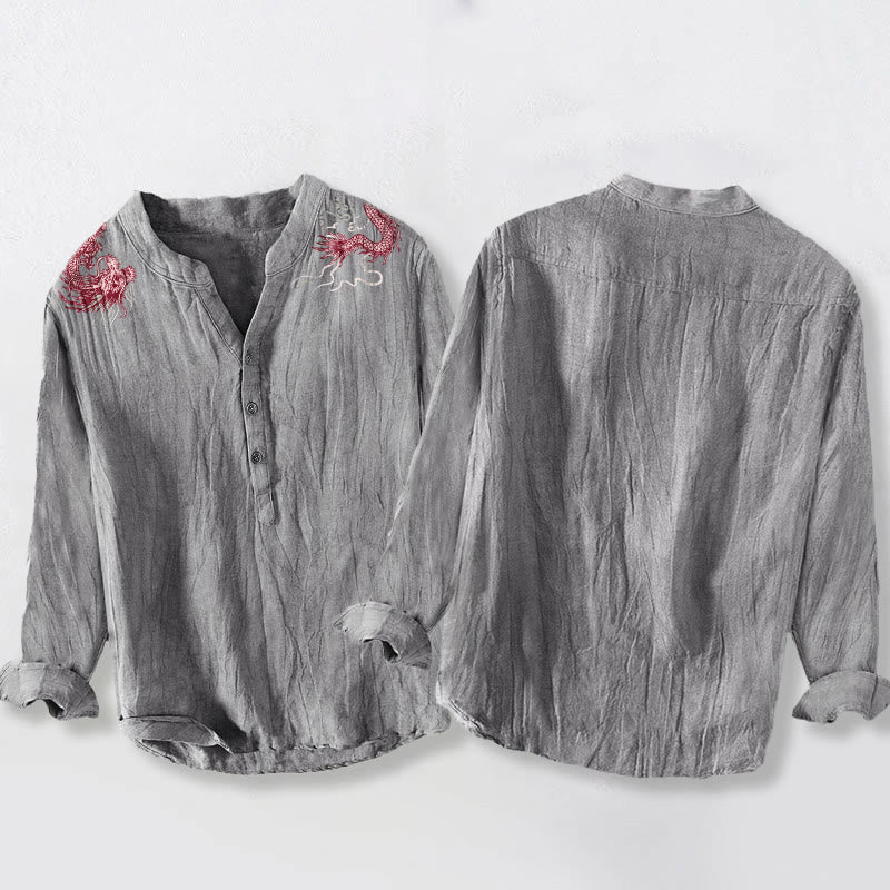Buddha Stones Red Dragon Pattern Half Buttons Men's Cotton Linen Long Sleeve Shirt