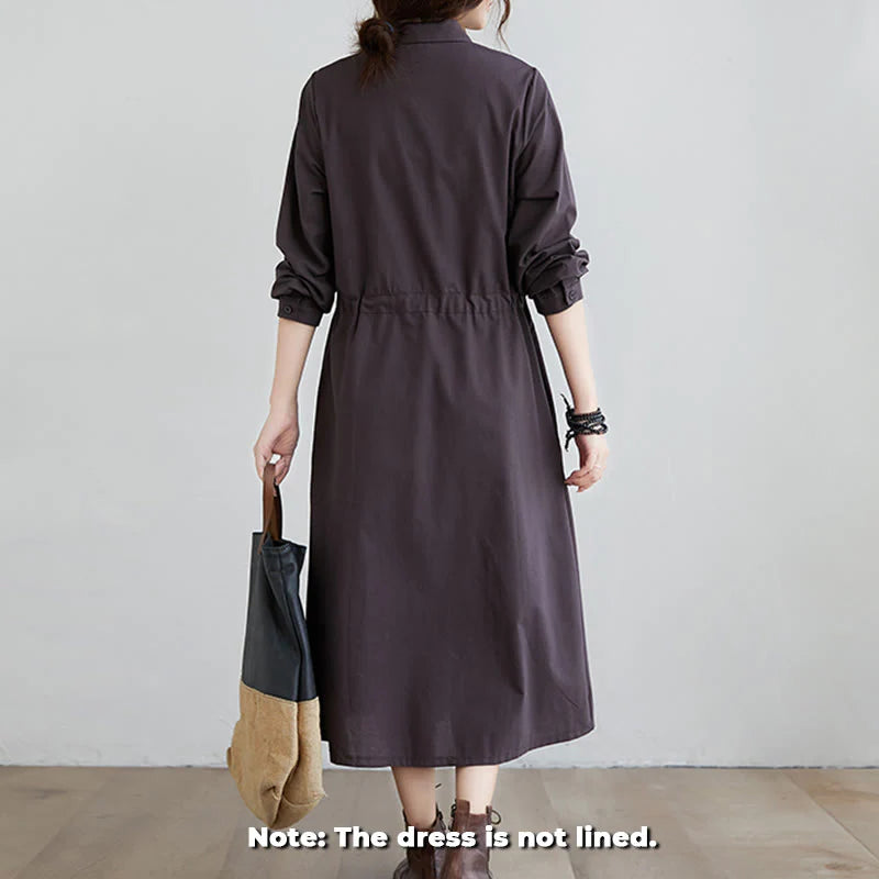 Buddha Stones Fall Solid Color Lace-Up Design Lapel Long Sleeve Cotton Midi Dress With Pockets