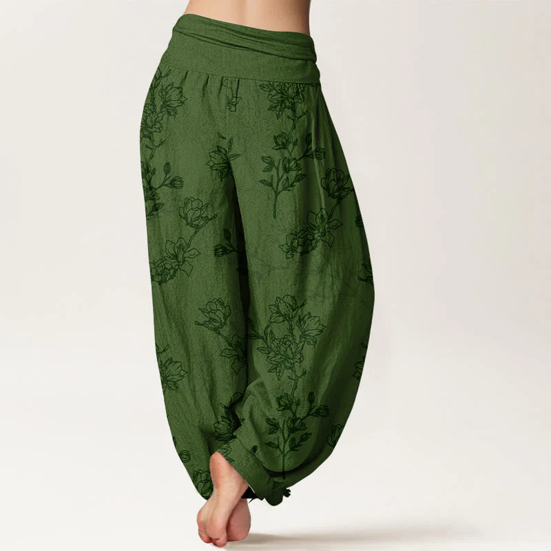 Buddha Stones Cotton Simple Flower Bud Pattern Women's Elastic Waist Harem Pants