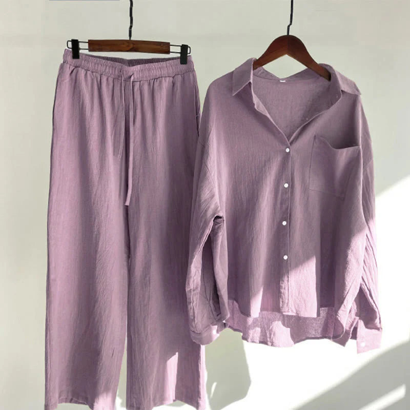 Buddha Stones 2Pcs Long Sleeve Shirt Top With Pockets Drawstring Pants Meditation Cotton Clothing Women's Set