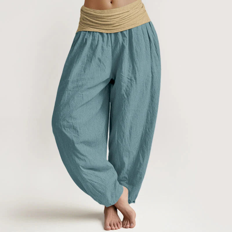 Buddha Stones Cotton Brown Blue Black Solid Color Women's Elastic Waist Harem Pants