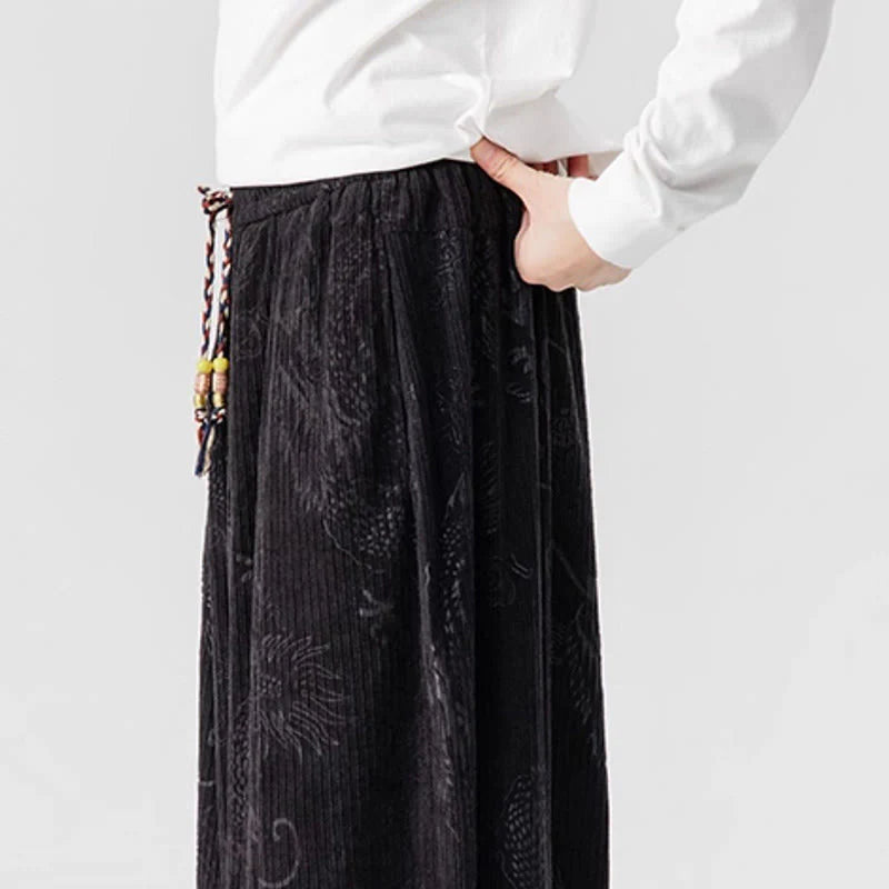 Buddha Stones Winter Dragon Phoenix Pattern Cotton Corduroy Men's Harem Pants With Pockets
