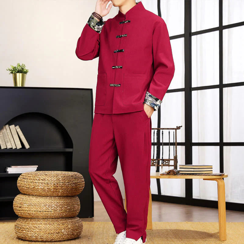 Buddha Stones 2Pcs Tang Suit Frog-Button Men's Waves Long Sleeve Shirt Pants Clothing Set