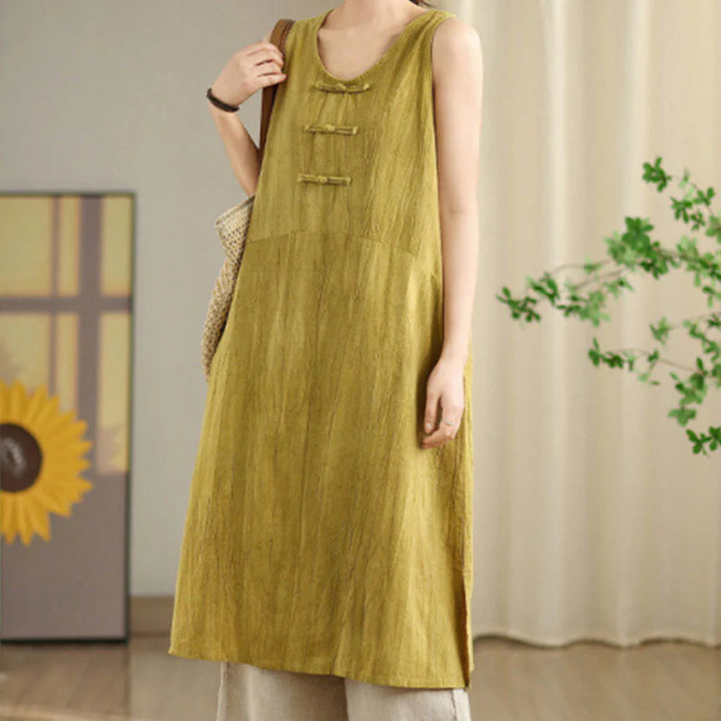 Buddha Stones Tie Dye Chinese Frog-Button RamieÂ Linen Sleeveless Midi Dress With Pockets