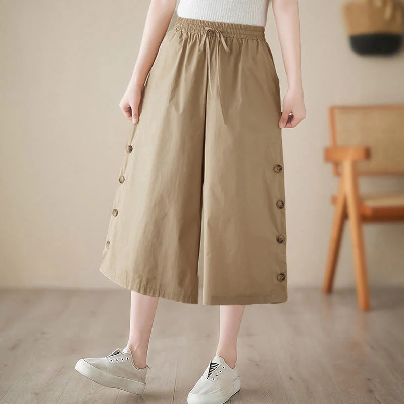 Buddha Stones Plain Buttoned Side Design Capri Cropped Women's Wide Leg Pants With Pockets