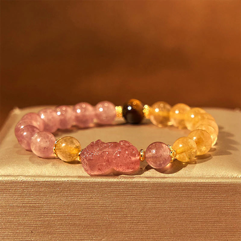 Buddha Stones Strawberry Quartz Pixiu Rutilated Quartz Beads Healing Bracelet