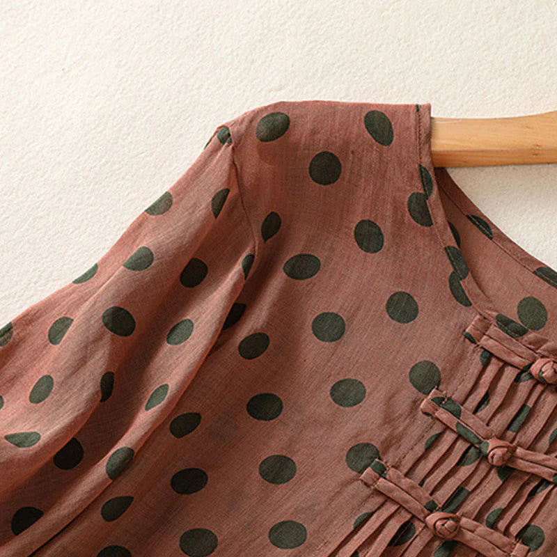 Buddha Stones Fall Round Neck Polka Dots Long Sleeve Women's Polyester Shirt