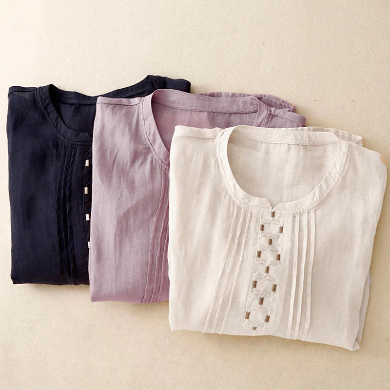 Buddha Stones Embroidery Crew Neck Pleats Women's Cotton Linen Half Sleeve T-shirt