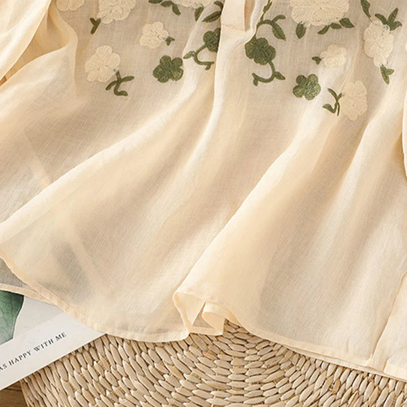 Buddha Stones Casual Women's Flowers Green Leaves Embroidery Pattern V-Neck Design Half Sleeve Cotton Linen Shirt