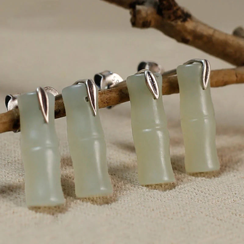 Buddha Stones Bamboo Hetian Jade 925 Sterling Silver Leaf Wealth Earrings