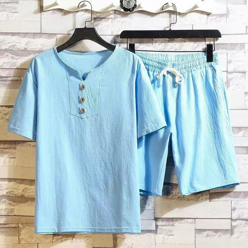 Buddha Stones 2Pcs Short Sleeve T-Shirt Drawstring Short Pants With Pockets Men's Cotton Linen Meditation Cloth Set