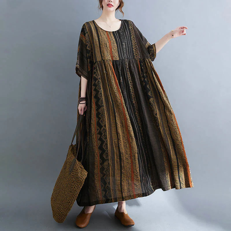 Buddha Stones Boho Geometry Short Sleeve Midi Dress With Pockets