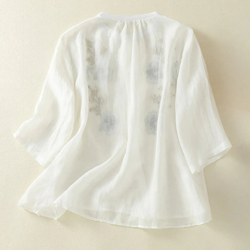 Buddha Stones Embroidery Pleated Design Stand Collar Three Quarter Sleeve Side Slit Hem Women's Cotton Shirt