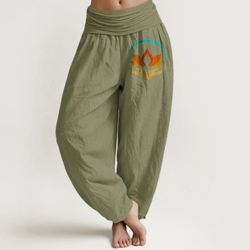 Buddha Stones Lotus Buddha Symbol Pattern Elastic Waist Women's Harem Pure Cotton Pants