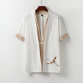 Buddha Stones Fake Two-piece Men's Half Sleeve Cardigan Embroidery Hanfu Comfort Cotton Kimono