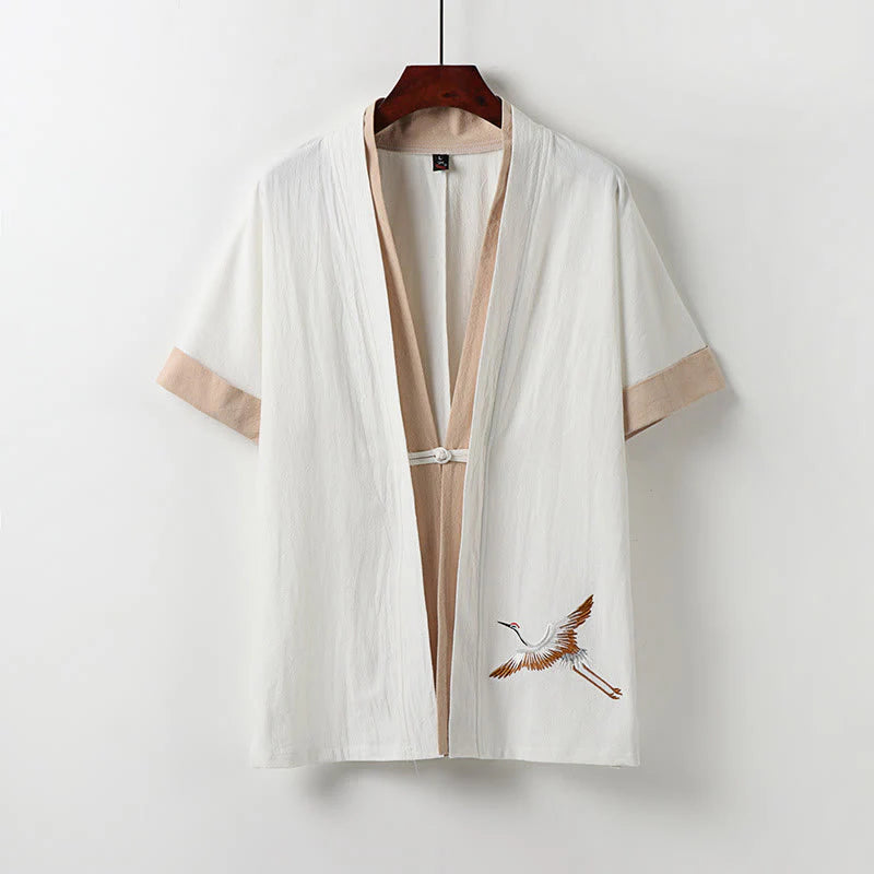 Buddha Stones Fake Two-piece Men's Half Sleeve Cardigan Embroidery Hanfu Comfort Cotton Kimono