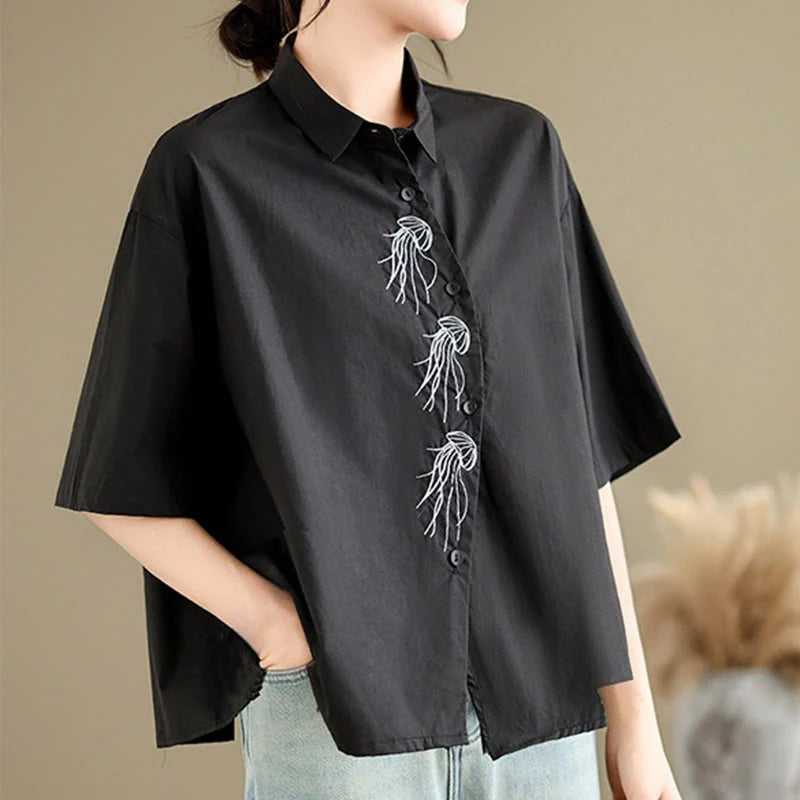 Buddha Stones Casual Women's Embroidered Jellyfish Pattern Stand Collar Buttons Design Half Sleeve Cotton Shirt