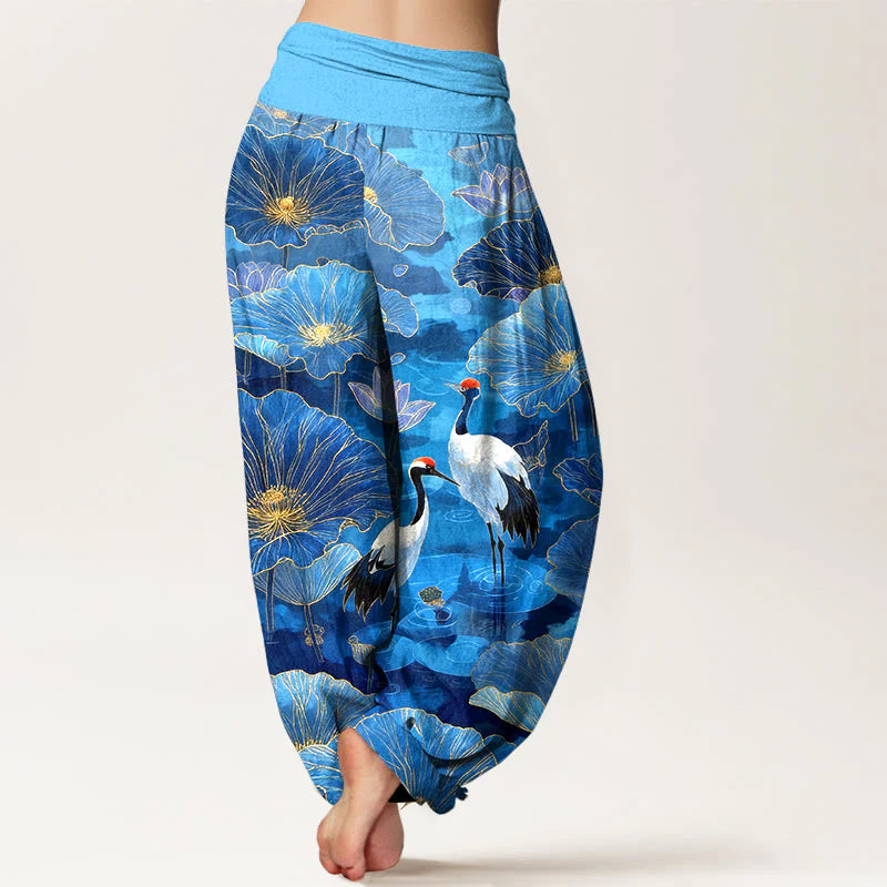 Buddha Stones Pure Cotton Elegant Crane Lotus Flower Leaf Pattern Women's Elastic Waist Harem Pants