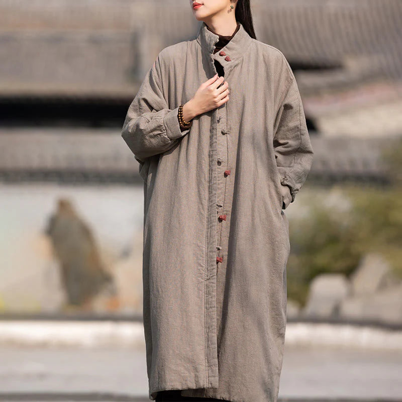 Buddha Stones Winter Solid Frog-Button Ramie Cotton Women's Long Sleeve Thermal Coat With Pockets
