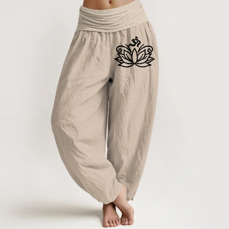 Buddha Stones Lotus Flower Om Symbol Pattern Women's Elastic Waist Harem Pure Cotton Pants