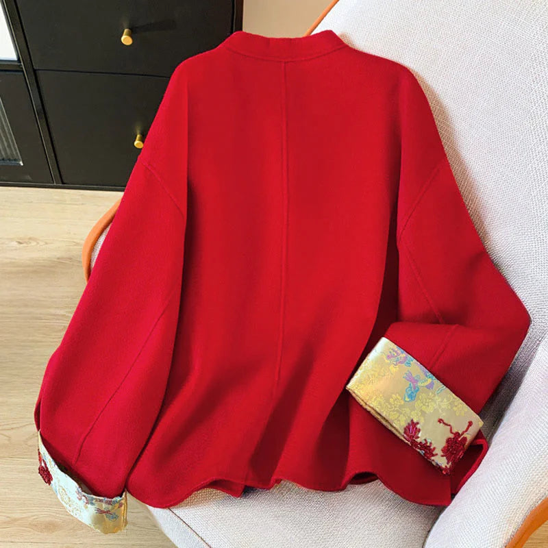 Buddha Stones Winter Embroidery Buttons Design Long Sleeve Women's Cotton Jacket With Pockets