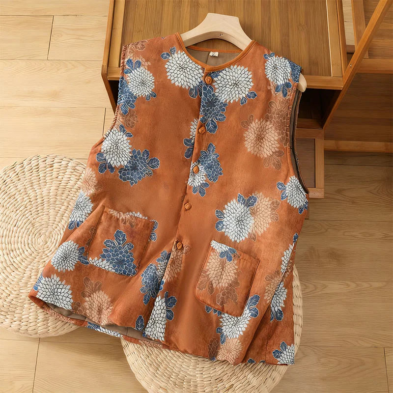 Buddha Stones Floral Prints Buttons Women's Sleeveless Cotton Vest Waistcoat With Pockets