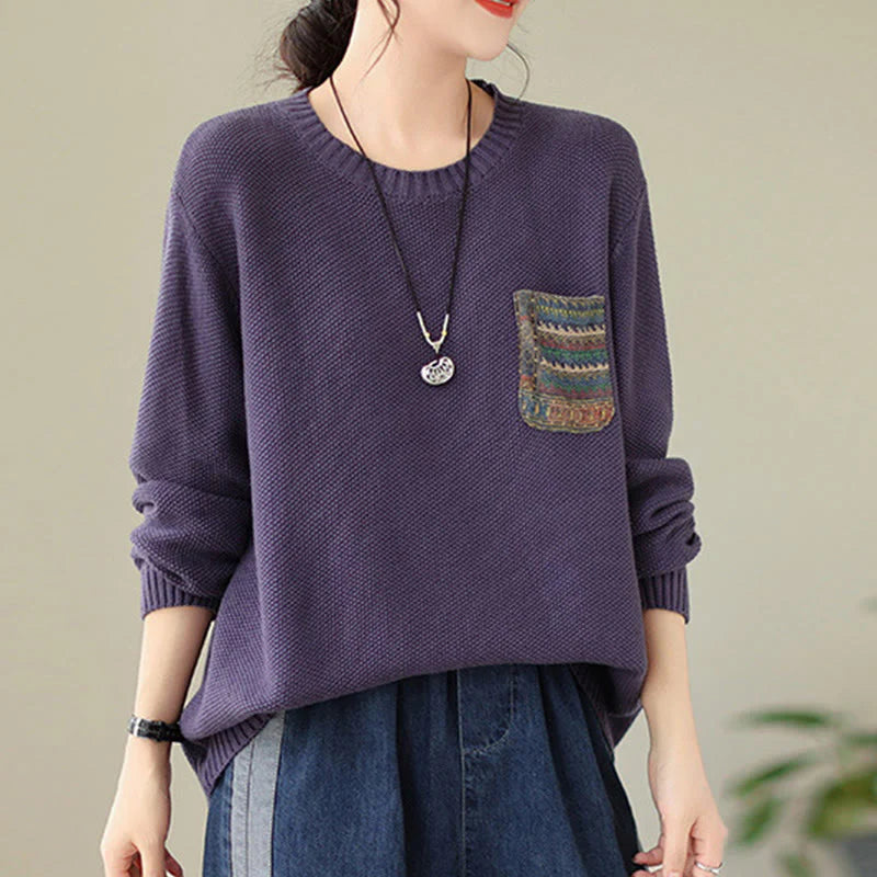 Buddha Stones Fall Floral Decorative Pocket Pattern Knitted Cotton Women's Long Sleeve Sweater