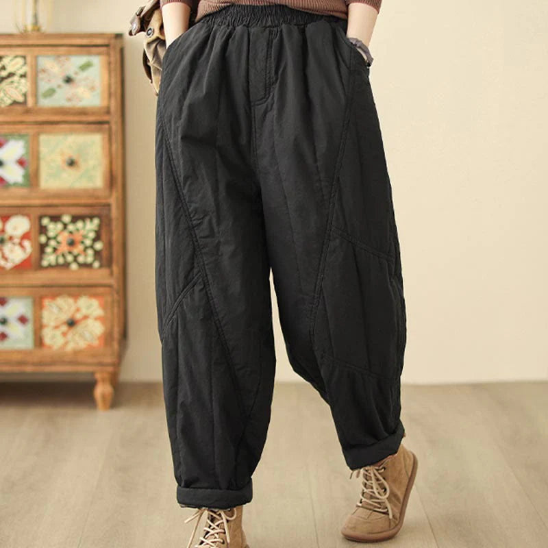 Buddha Stones Winter Plain High Waist Cotton Women's Harem Thermal Elastic Waist Pants With Pockets