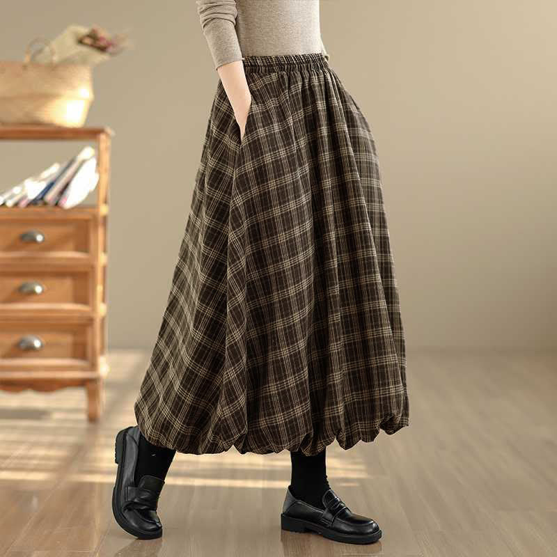Buddha Stones Women's Plaid Pattern Cotton Skirt With Pockets