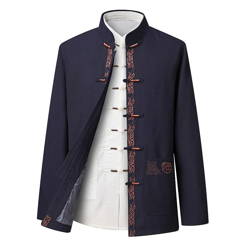 Buddha Stones Fu Character Embroidery Tang Suit Frog-Button Men's Long Sleeve Jacket Shirt Pants