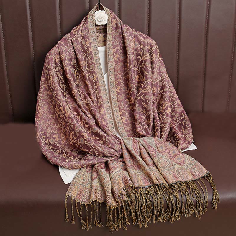 Buddha Stones Tibetan Jacquard Paisley Flower Pattern Color Contrast Design Tassel Cozy Scarf Shawl