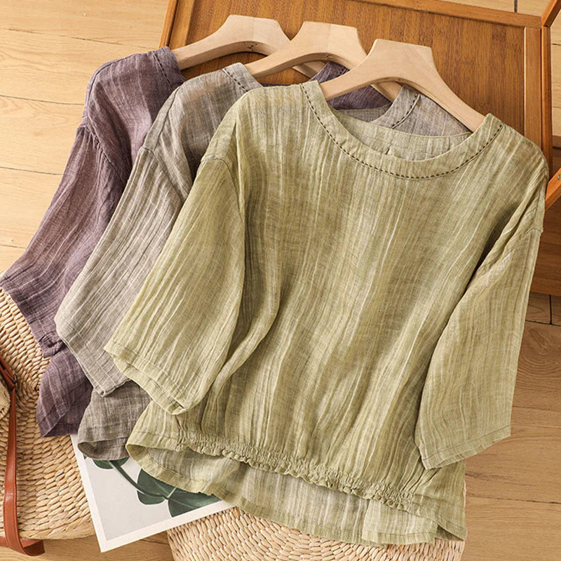 Buddha Stones Casual Summer Plain Crew Neck Women's  Cotton Linen Three Quarter Sleeve T-Shirt
