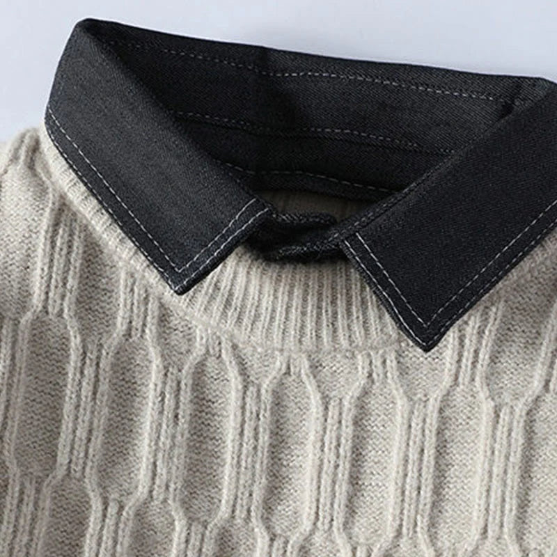Buddha Stones Winter Black Stand Collar Lines Design Warm Men's Long Sleeve Knitted Sweater
