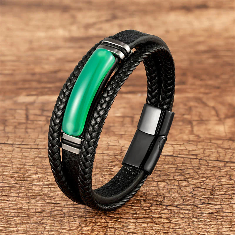 Buddha Stones Natural Stone Green Agate Power Multilayered Braided Leather Bracelet