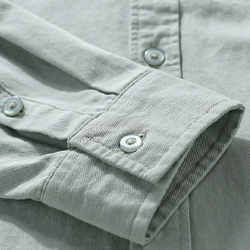 Buddha Stones Casual Solid Buttons Down Decorative Pocket Men's Stand Collar Long Sleeve Cotton Shirt