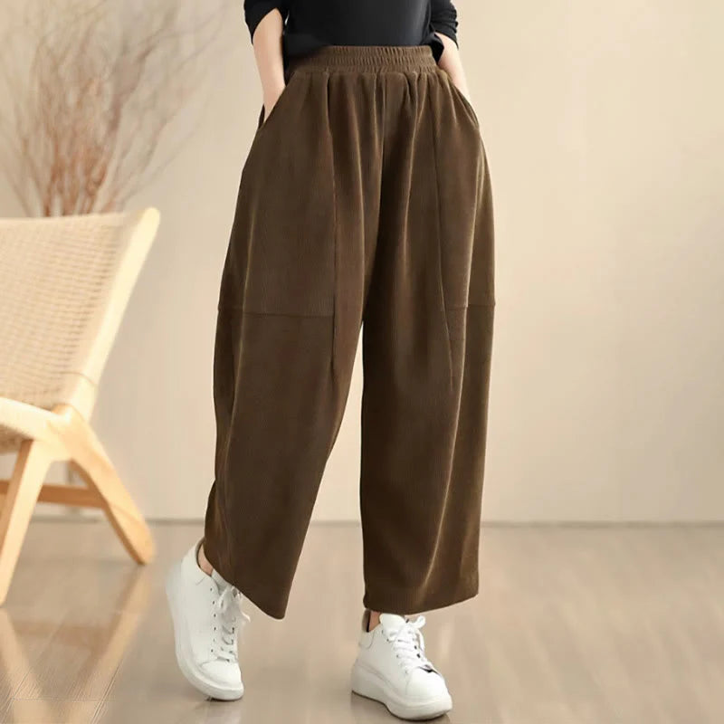 Buddha Stones Women's Fall Patchwork Plain Corduroy Harem Pants With Pockets